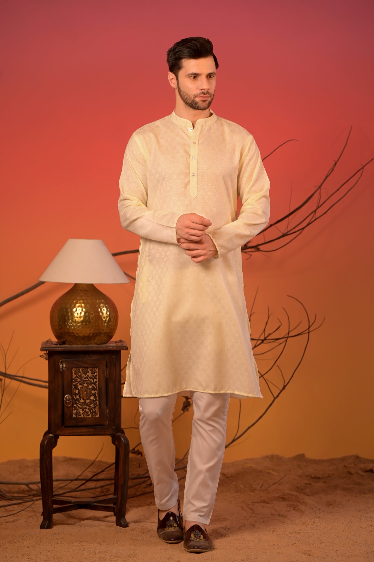 Sunlit Cream Kurta with Yellow Jacquard Nehru Jacket & Trousers Set