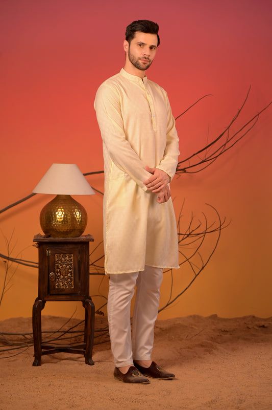 Sunlit Cream Jacquard Kurta with Intricate Self-Woven Motifs
