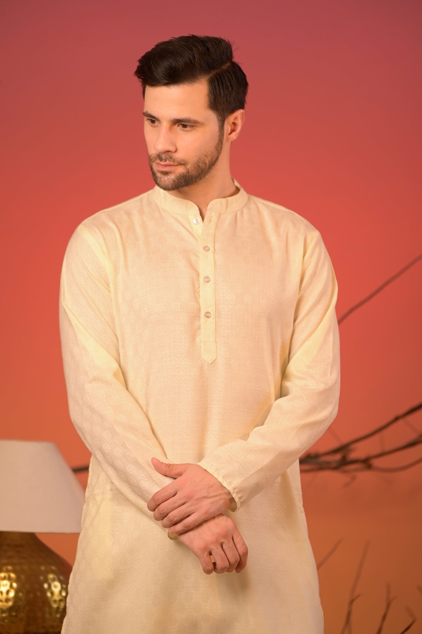 Sunlit Cream Kurta with Yellow Jacquard Nehru Jacket & Trousers Set