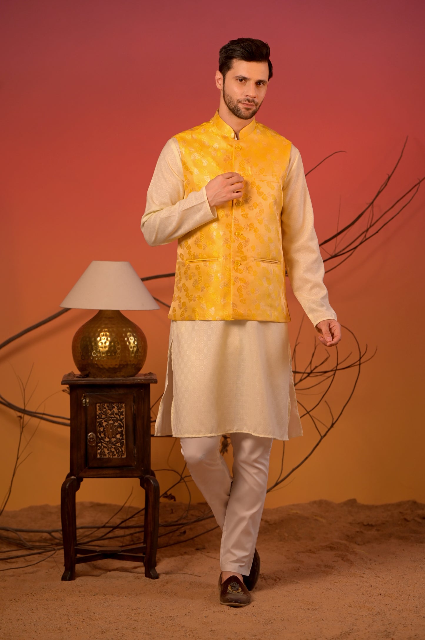 Sunlit Cream Kurta with Yellow Jacquard Nehru Jacket & Trousers Set