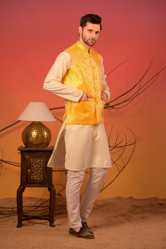 Sunlit Cream Kurta with Yellow Jacquard Nehru Jacket & Trousers Set