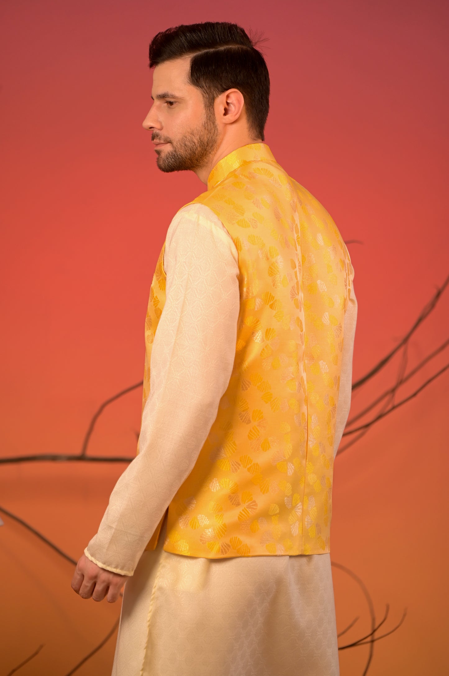 Sunlit Cream Kurta with Yellow Jacquard Nehru Jacket & Trousers Set