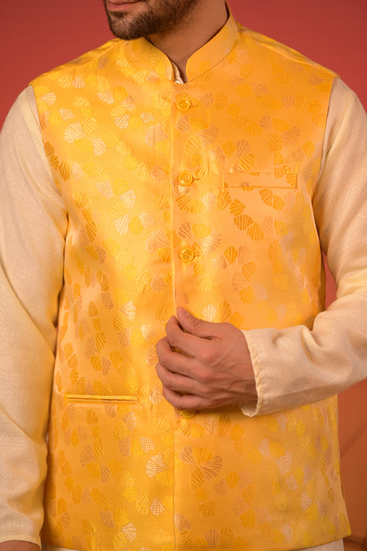 Yellow Jacquard Nehru Jacket