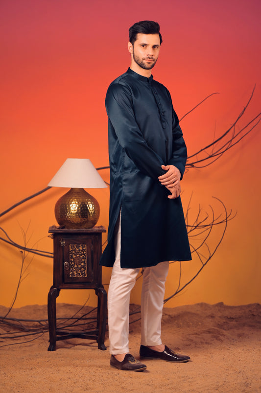 Midnight Blue Textured Cotton Jacquard Kurta – Trousers Set