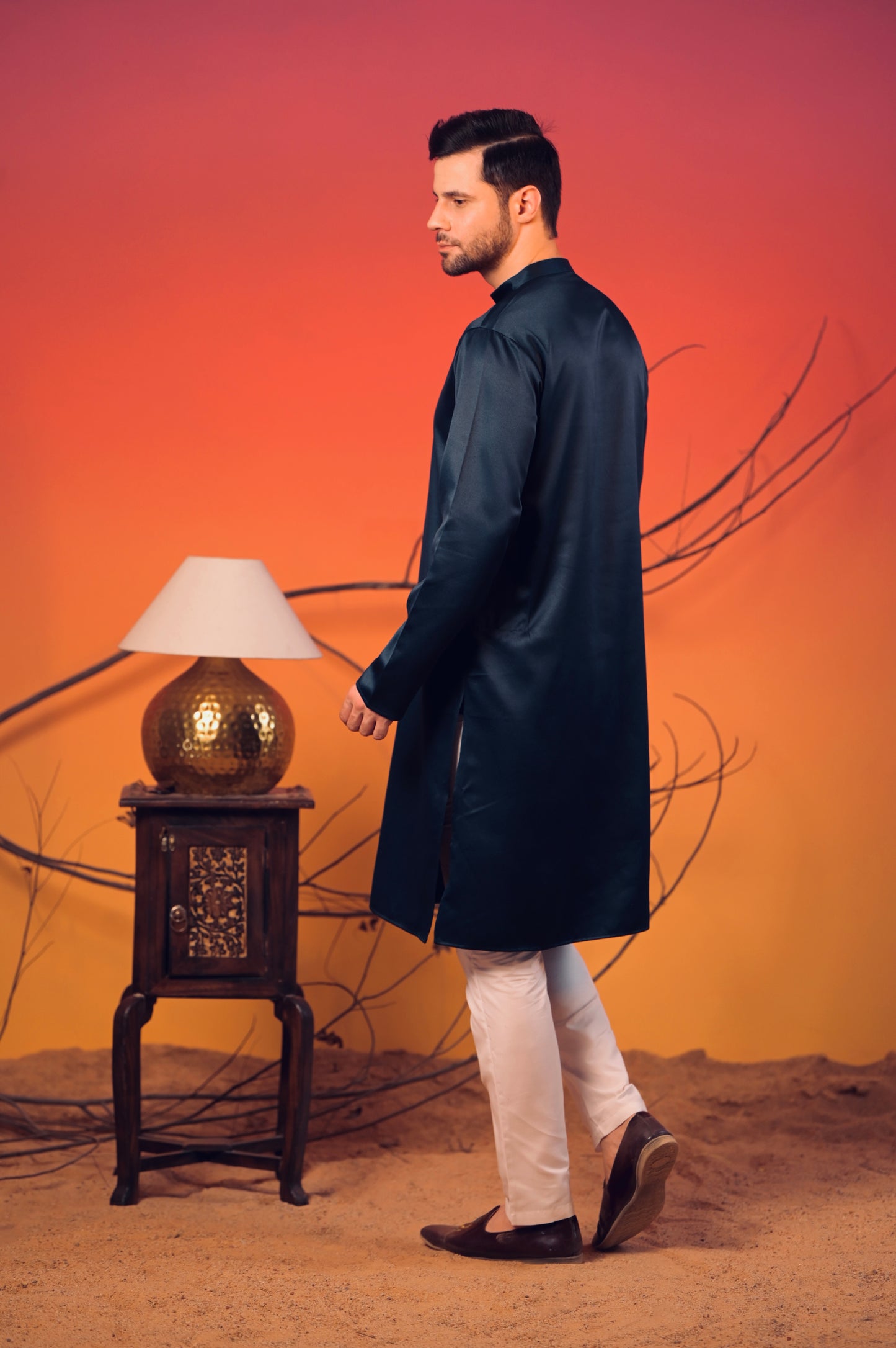 Midnight Blue Textured Cotton Jacquard Kurta – Trousers Set