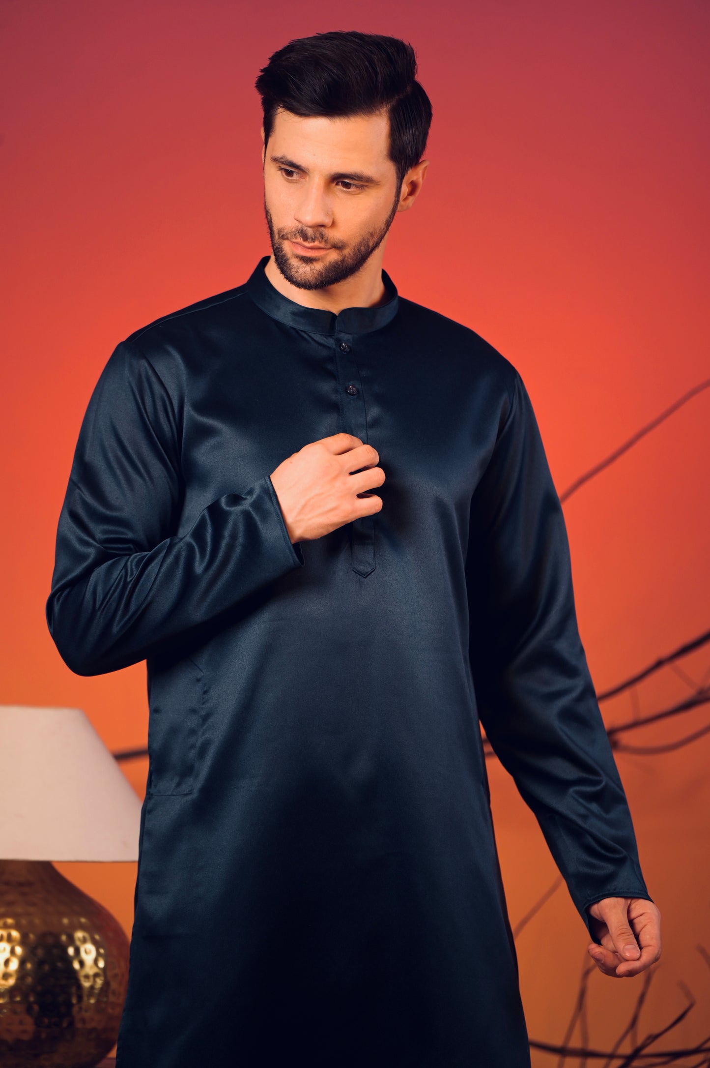 Midnight Blue Silk Kurta with Matching Jacquard Nehru Jacket & White Trousers Set