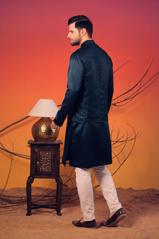 Midnight Blue Silk Kurta with Matching Jacquard Nehru Jacket & White Trousers Set