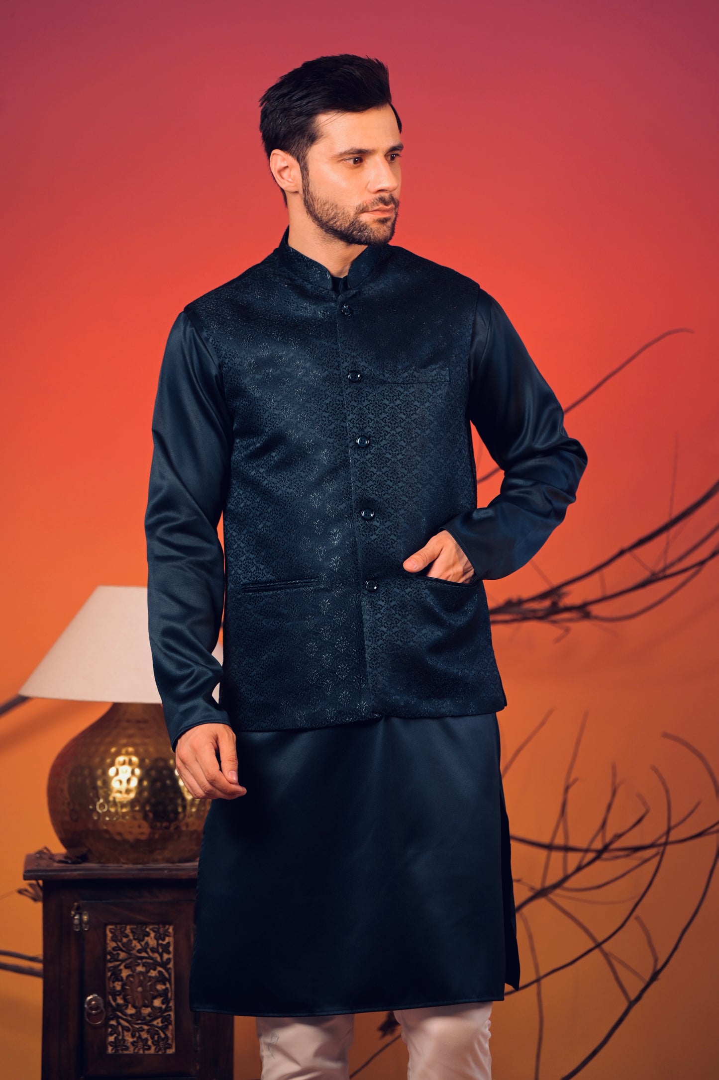 Midnight Blue Silk Kurta with Matching Jacquard Nehru Jacket & White Trousers Set