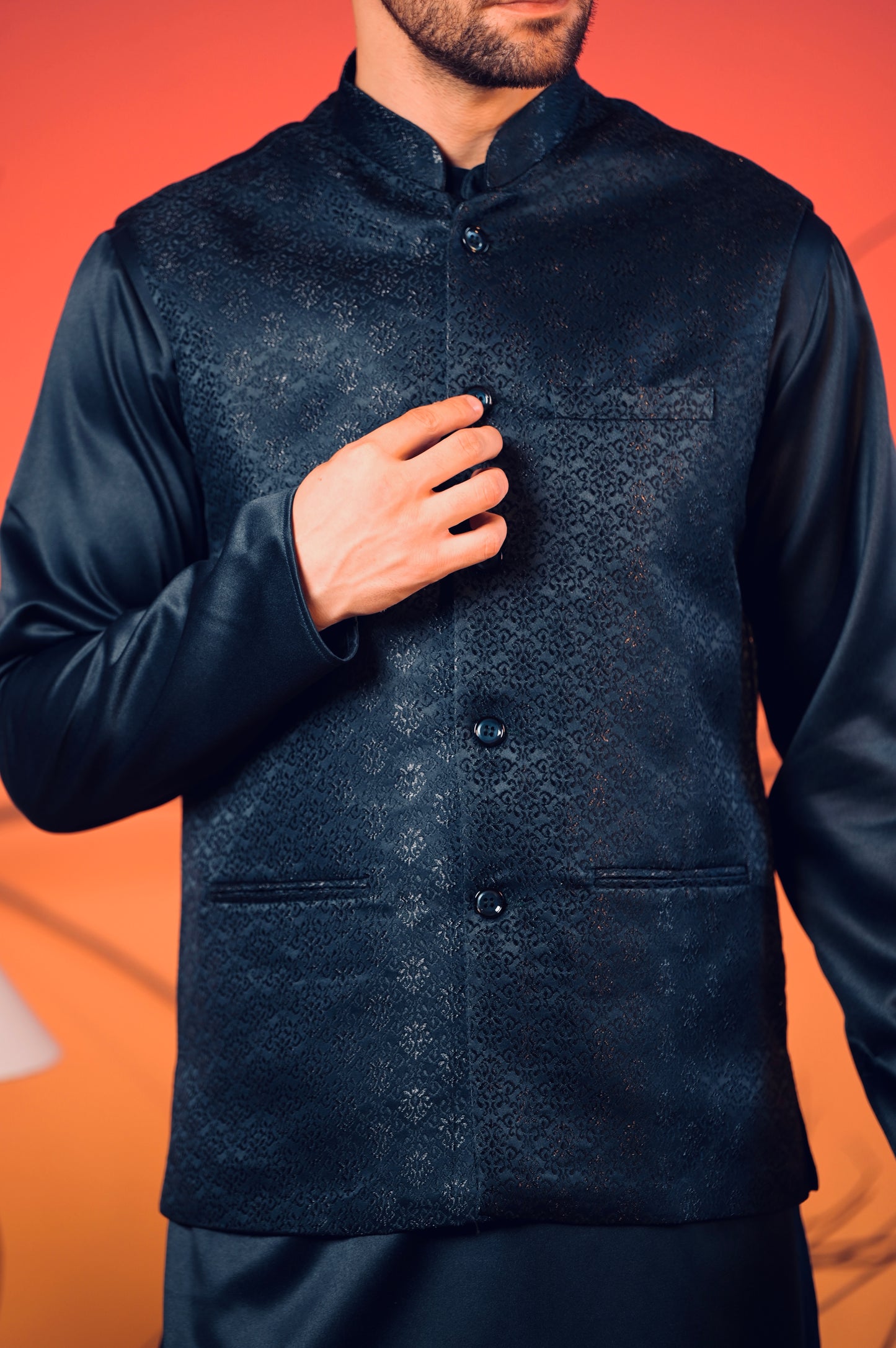 Midnight Blue Silk Kurta with Matching Jacquard Nehru Jacket & White Trousers Set