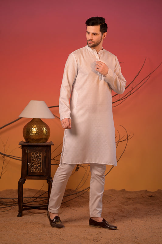 Pure White Self-Textured Kurta – Cotton Jacquard & Trousers Set