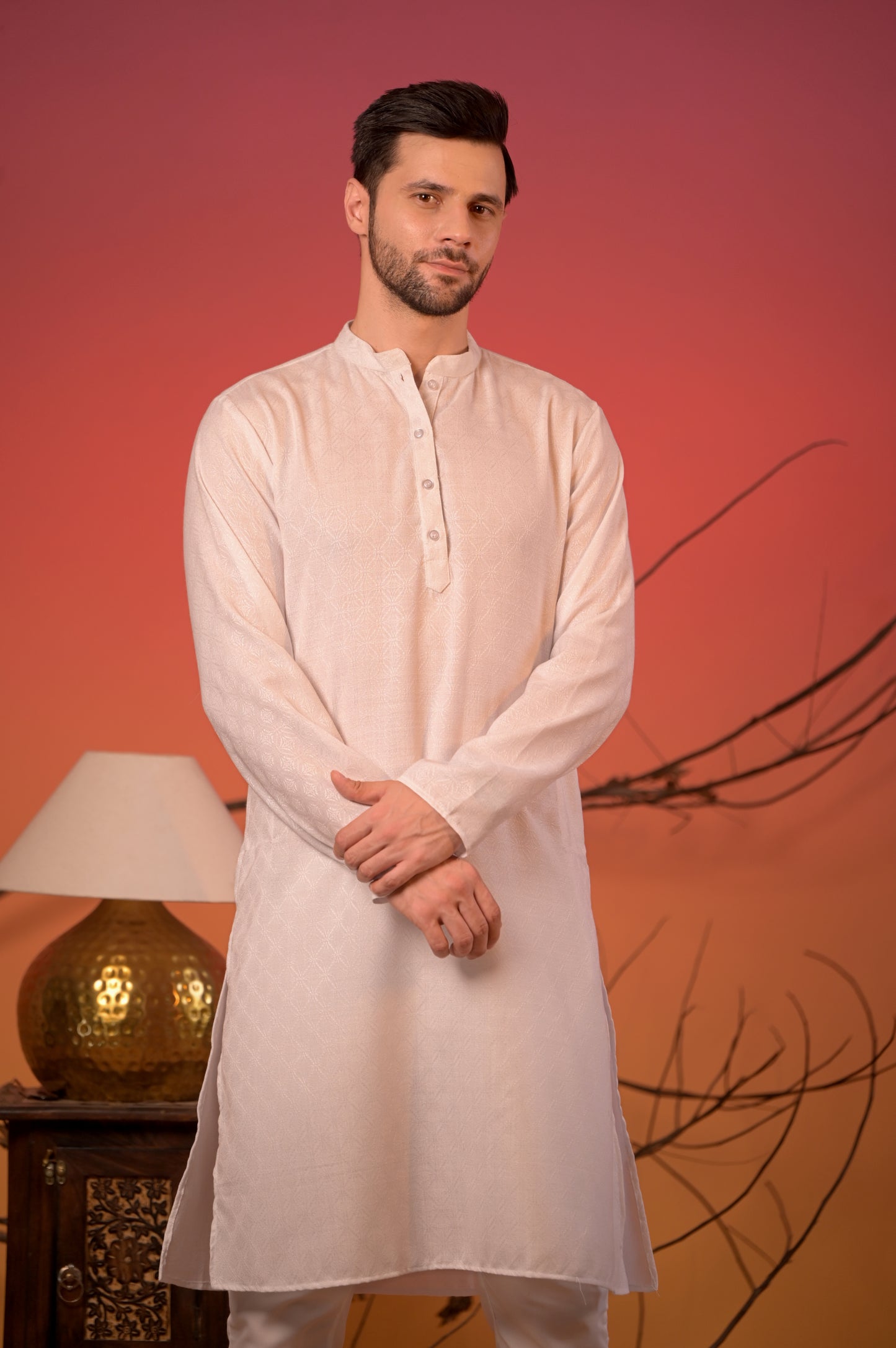 White Kurta with Midnight Blue Jacquard Textured Nehru Jacket & Trousers Set