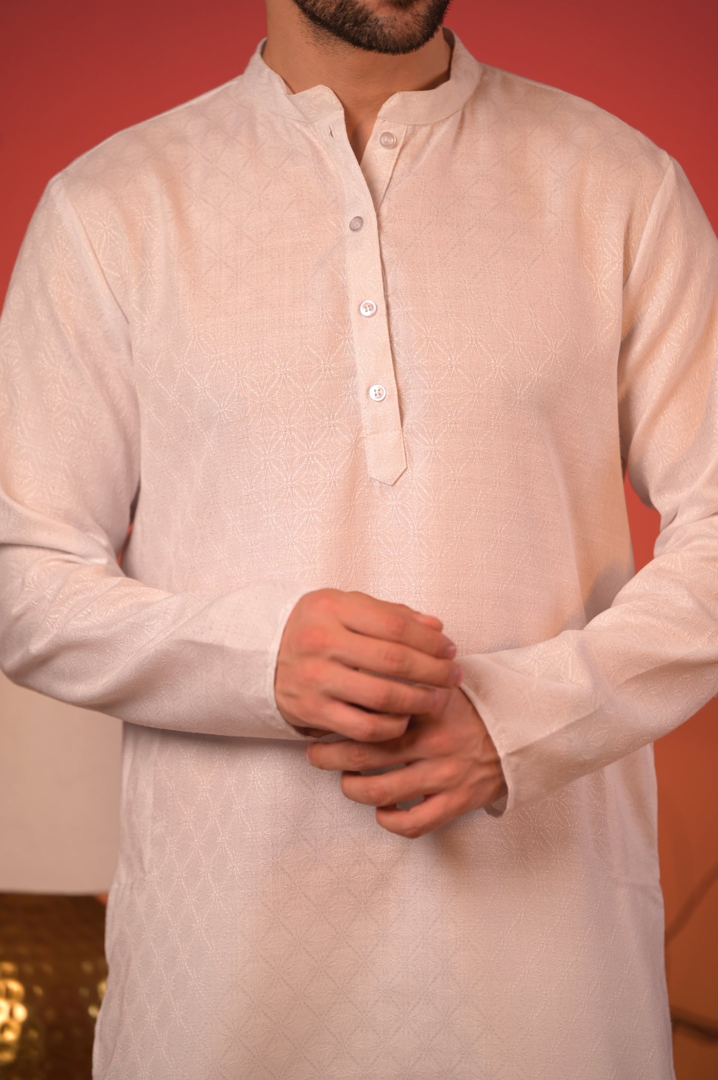 White Jacquard Kurta with Golden Sequin-Embroidered Nehru Jacket & Trousers Set
