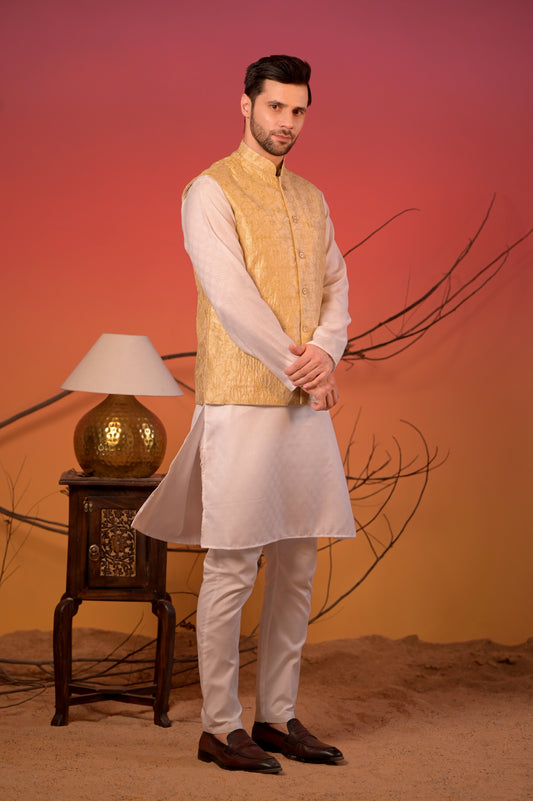 White Jacquard Kurta with Golden Sequin-Embroidered Nehru Jacket & Trousers Set
