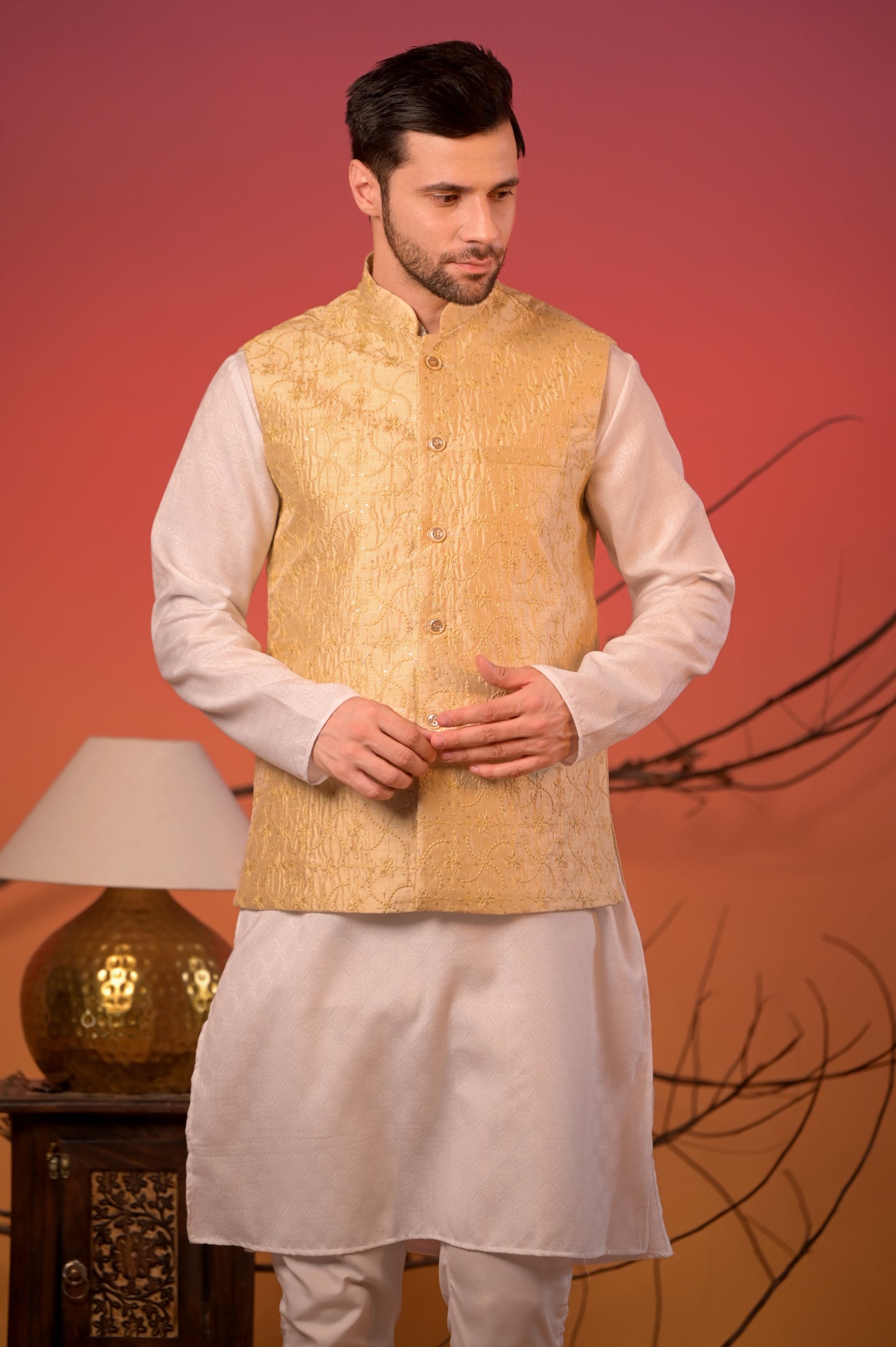 Golden Sequin-Embroidered Nehru Jacket