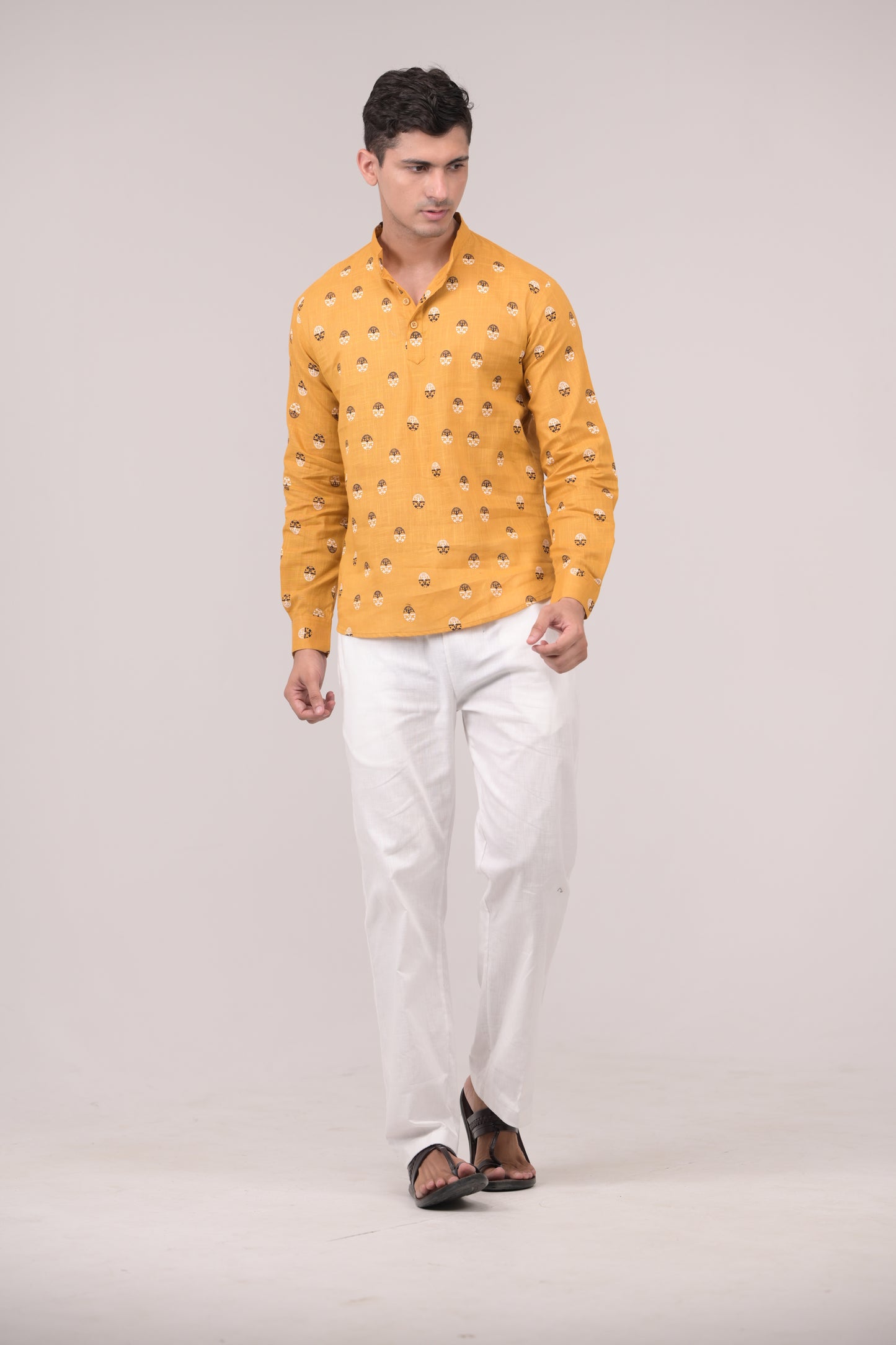 Mustard Yellow Printed Linen blend Short Kurta