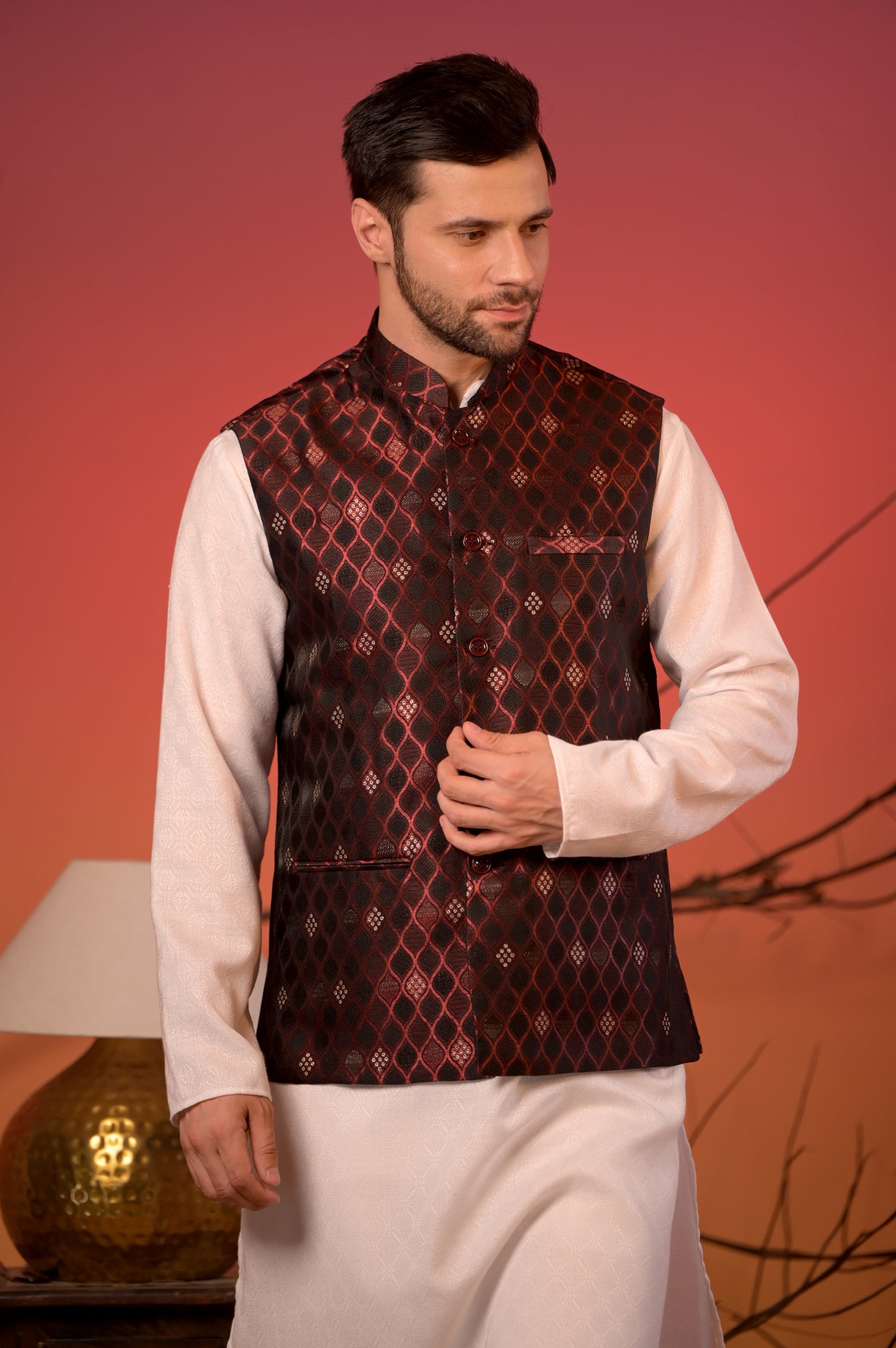 Maroon Diamond Weave Jacquard Nehru Jacket