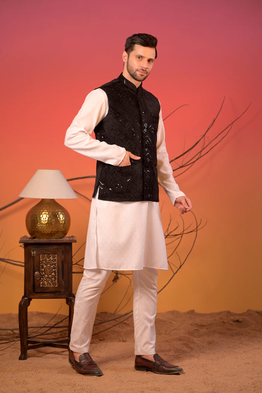 White Jacquard Kurta with Luxe Black Velvet Nehru Jacket & Trousers Set