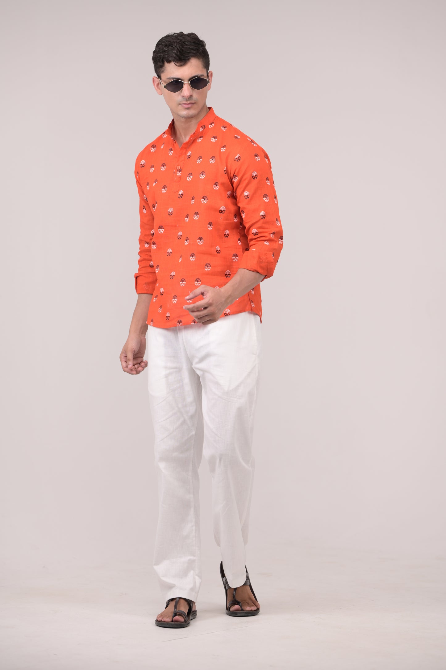 Orange Printed Linen blend Short Kurta