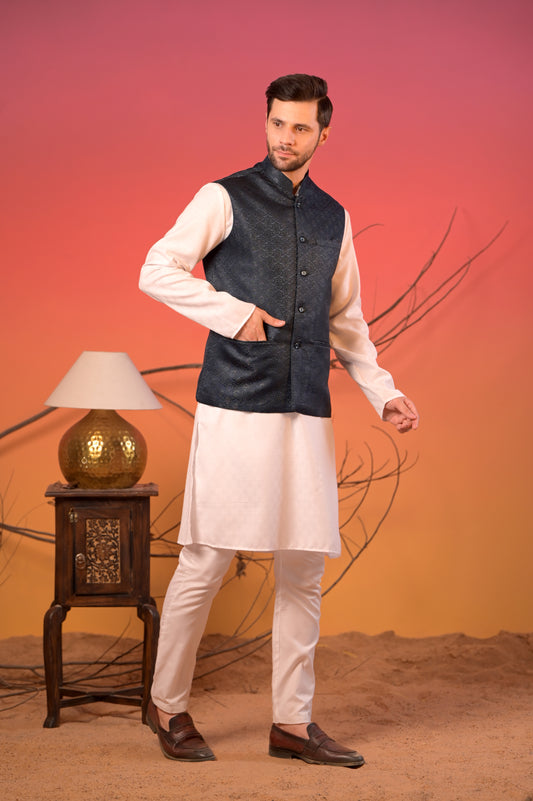 White Kurta with Midnight Blue Jacquard Textured Nehru Jacket & Trousers Set