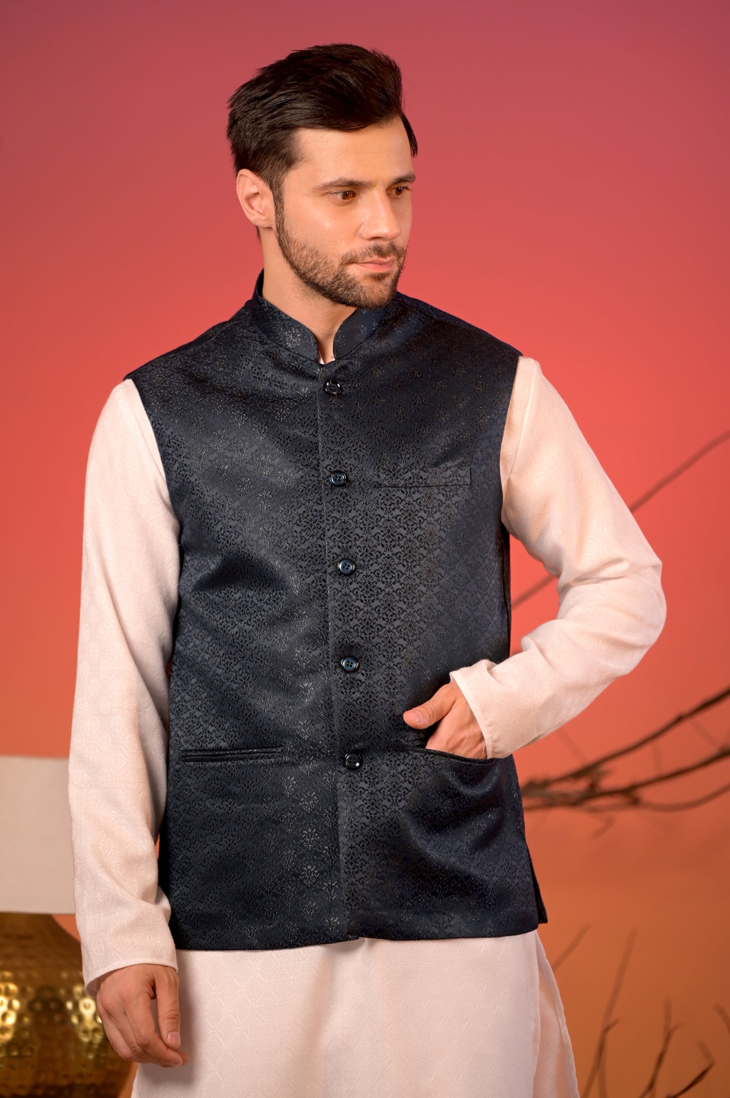 White Kurta with Midnight Blue Jacquard Textured Nehru Jacket & Trousers Set