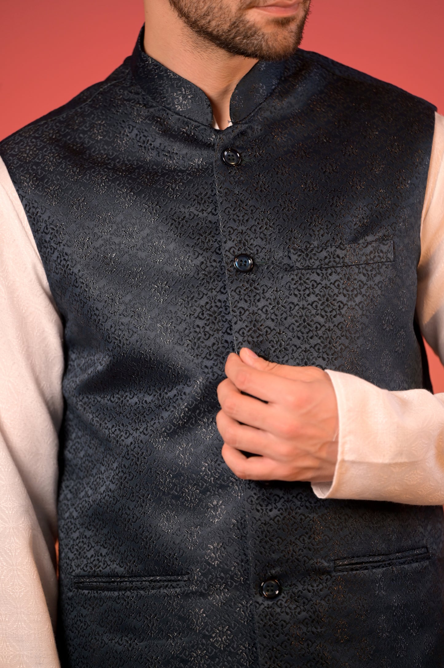 White Kurta with Midnight Blue Jacquard Textured Nehru Jacket & Trousers Set