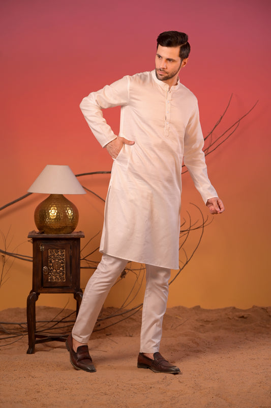 White Satin Linen Kurta with White Trousers Set