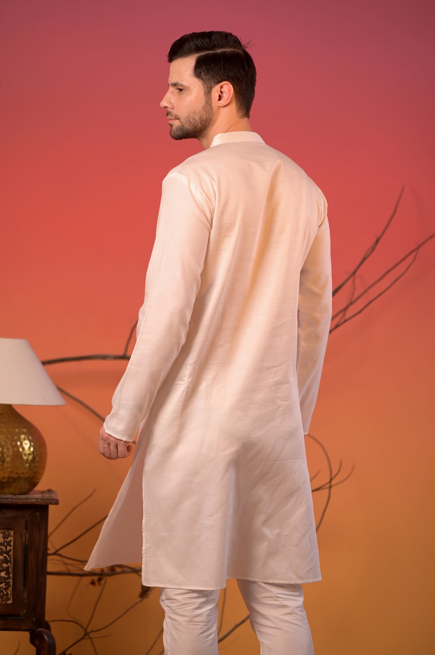 White Satin Linen Kurta with White Trousers Set