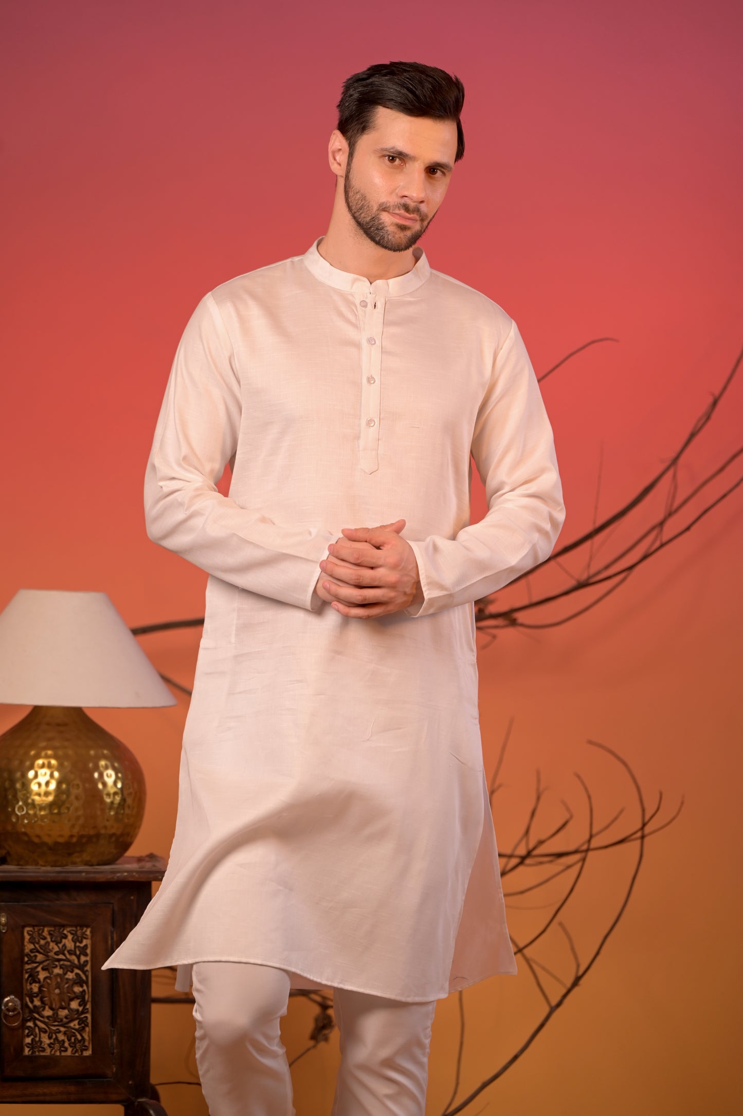 White Linen Silk Kurta with Beige Mirror Embroidered Nehru Jacket & Trousers Set