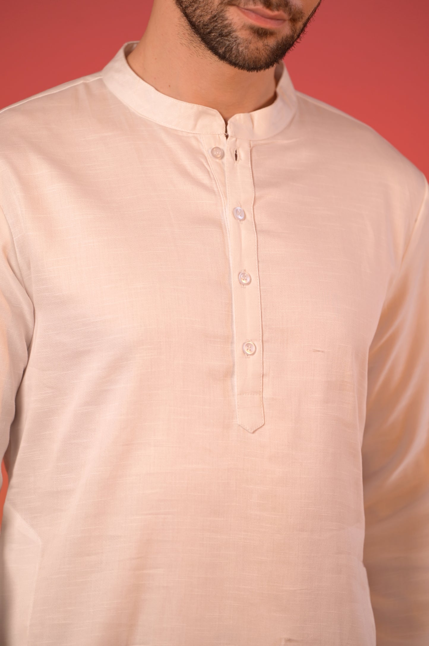 White Satin Linen Kurta with White Trousers Set