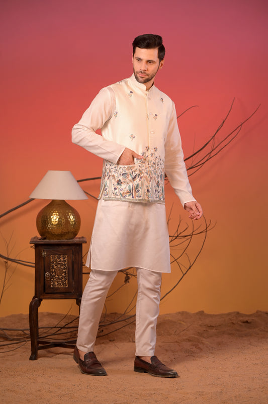 White satin Linen with Ivory Floral Embroidered Nehru Jacket & Pants Set