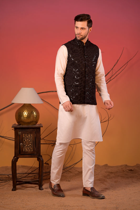 White Satin Linen Kurta with Black Hakoba Sequin Nehru Jacket & Trousers Set