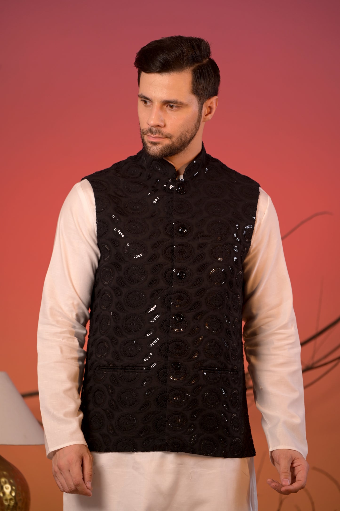 White Satin Linen Kurta with Black Hakoba Sequin Nehru Jacket & Trousers Set