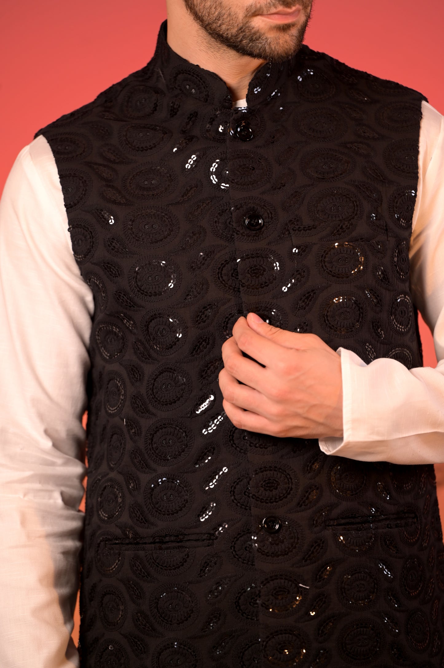 White Satin Linen Kurta with Black Hakoba Sequin Nehru Jacket & Trousers Set