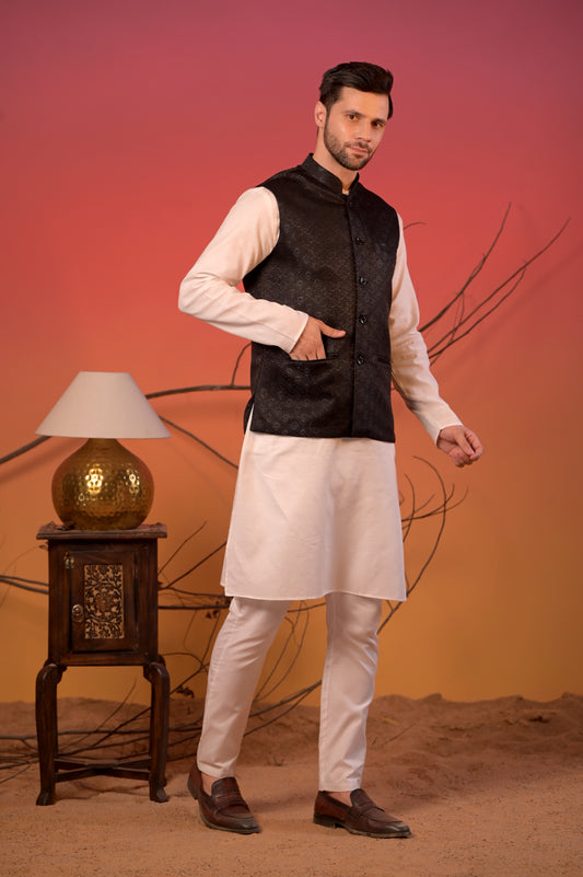 White Satin Linen Kurta with Textured Black Jacquard Nehru Jacket & Trousers Set