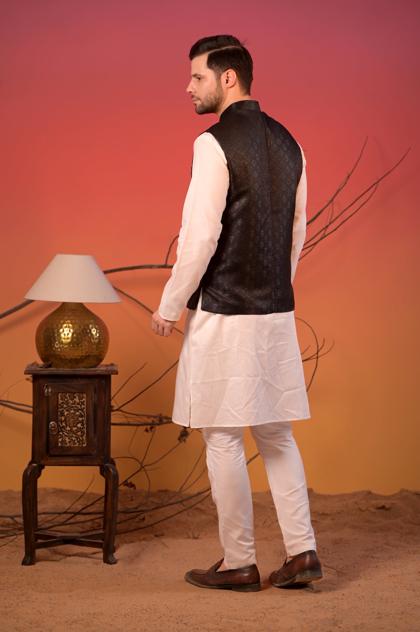 Textured Black Jacquard Nehru Jacket
