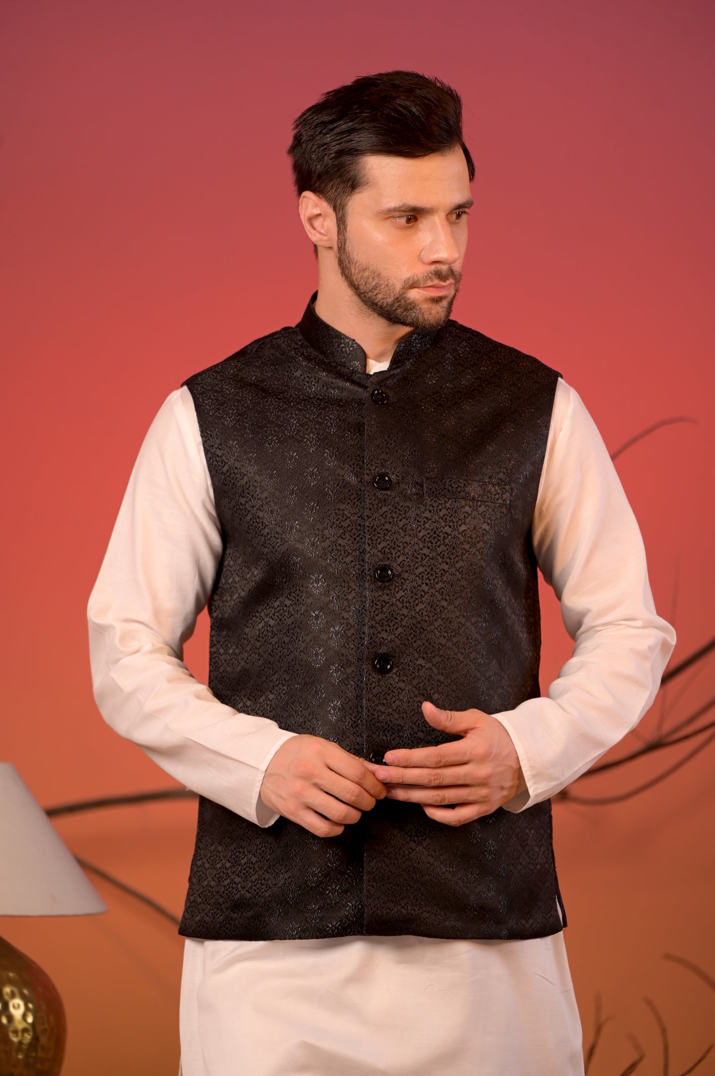 Textured Black Jacquard Nehru Jacket