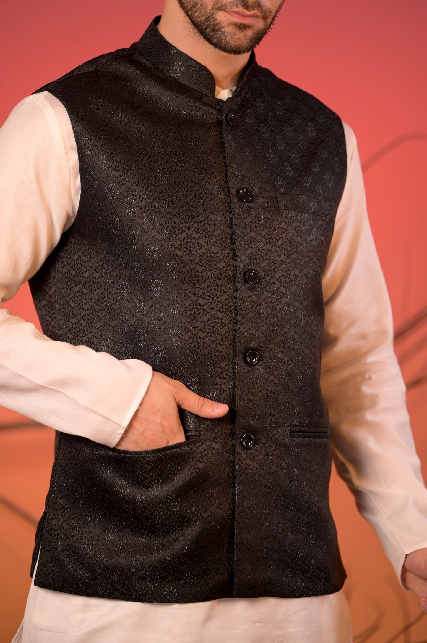 Textured Black Jacquard Nehru Jacket