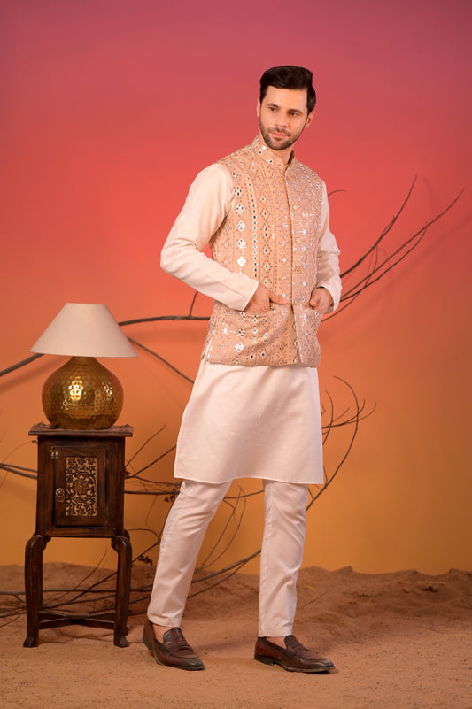 White Linen Silk Kurta with Beige Mirror Embroidered Nehru Jacket & Trousers Set