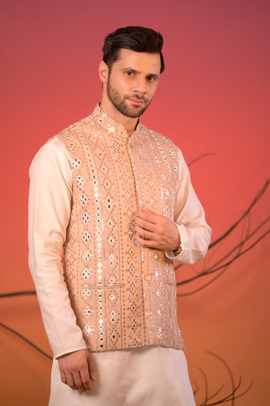 Beige Mirror Embroidered Nehru Jacket