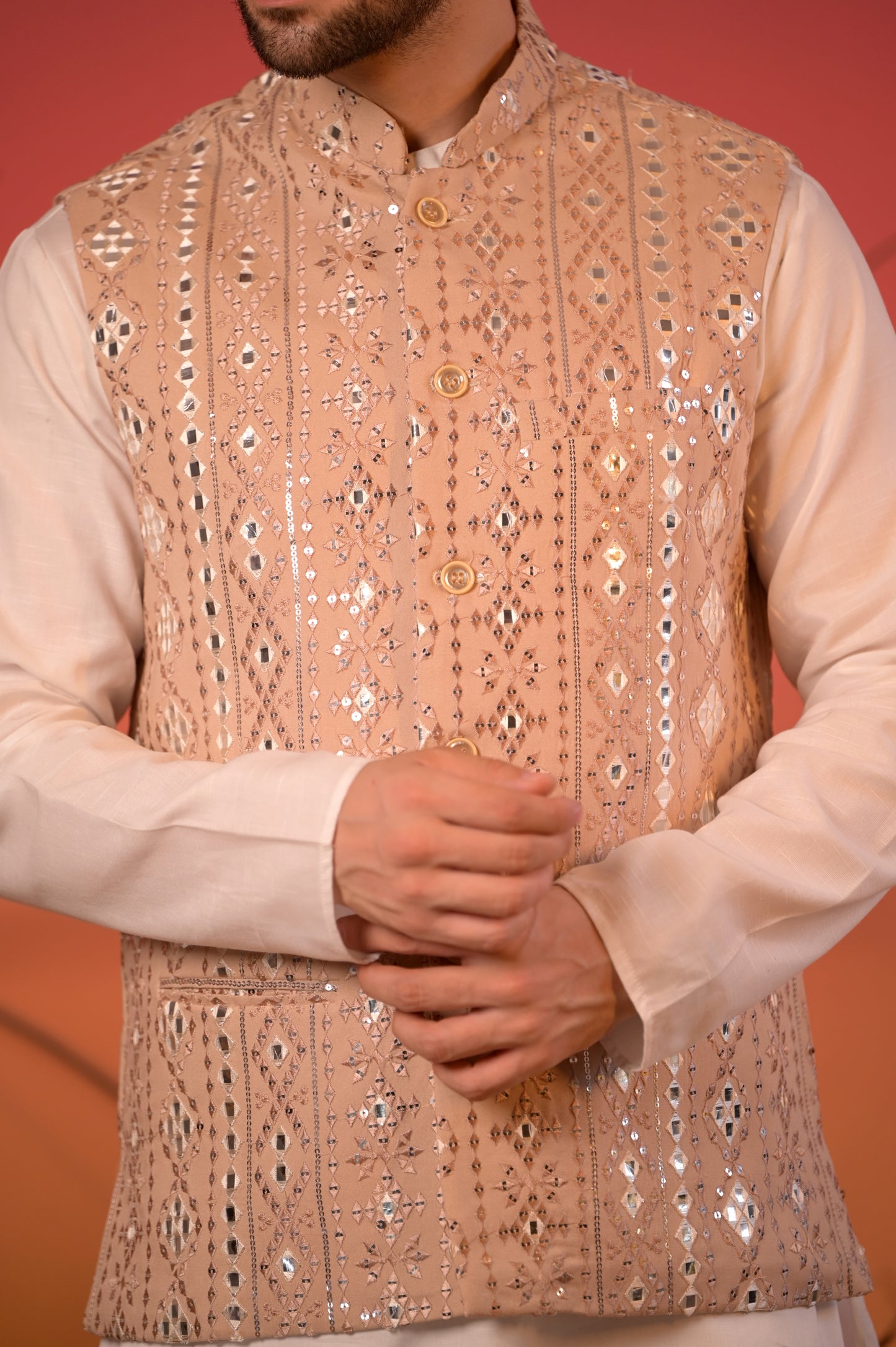 Beige Mirror Embroidered Nehru Jacket