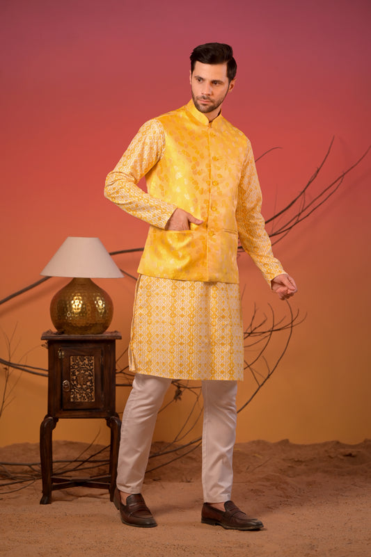 Yellow Textured Kurta with Yellow Jacquard Nehru Jacket & Trousers Set