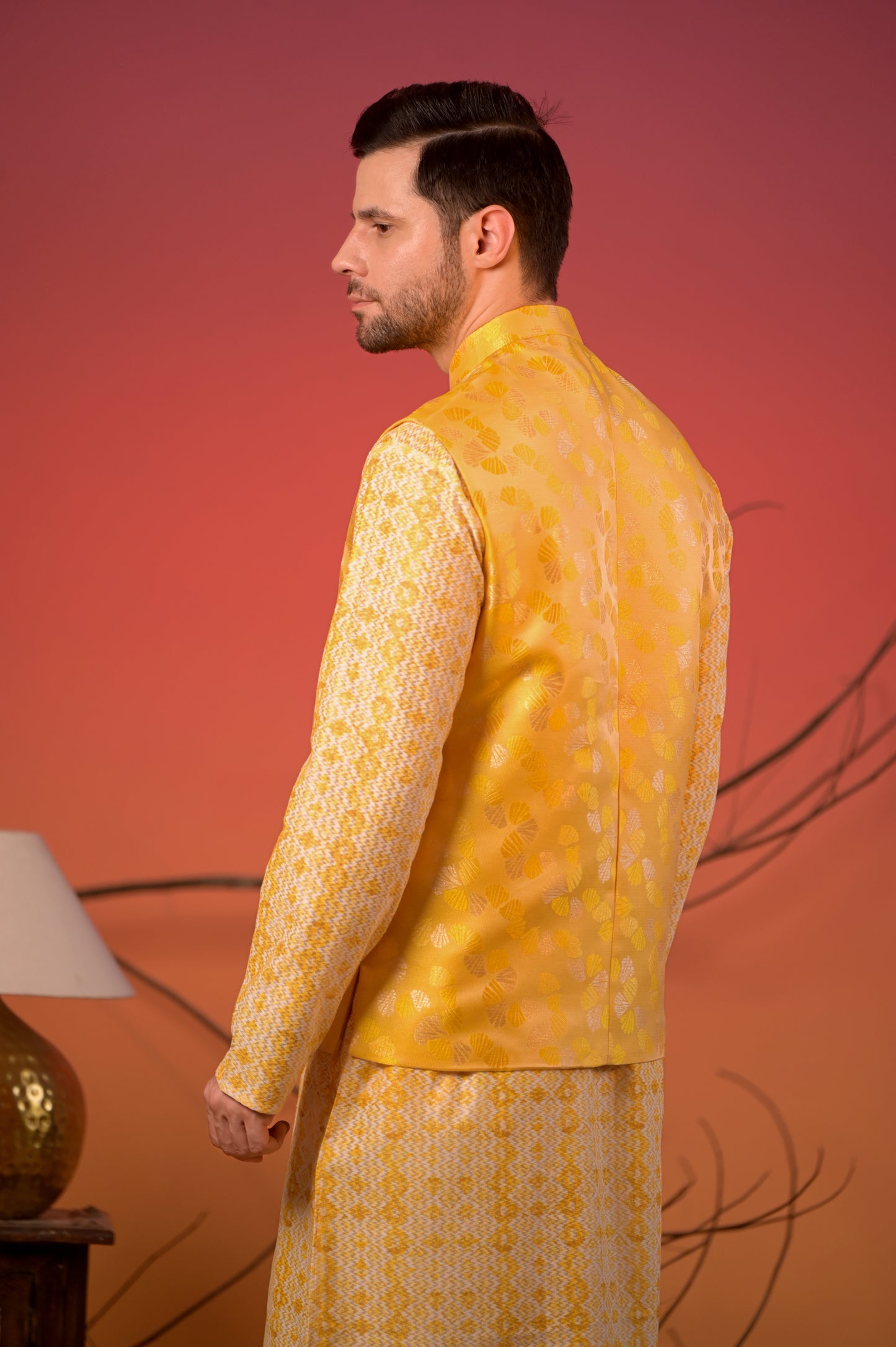 Yellow Textured Kurta with Yellow Jacquard Nehru Jacket & Trousers Set