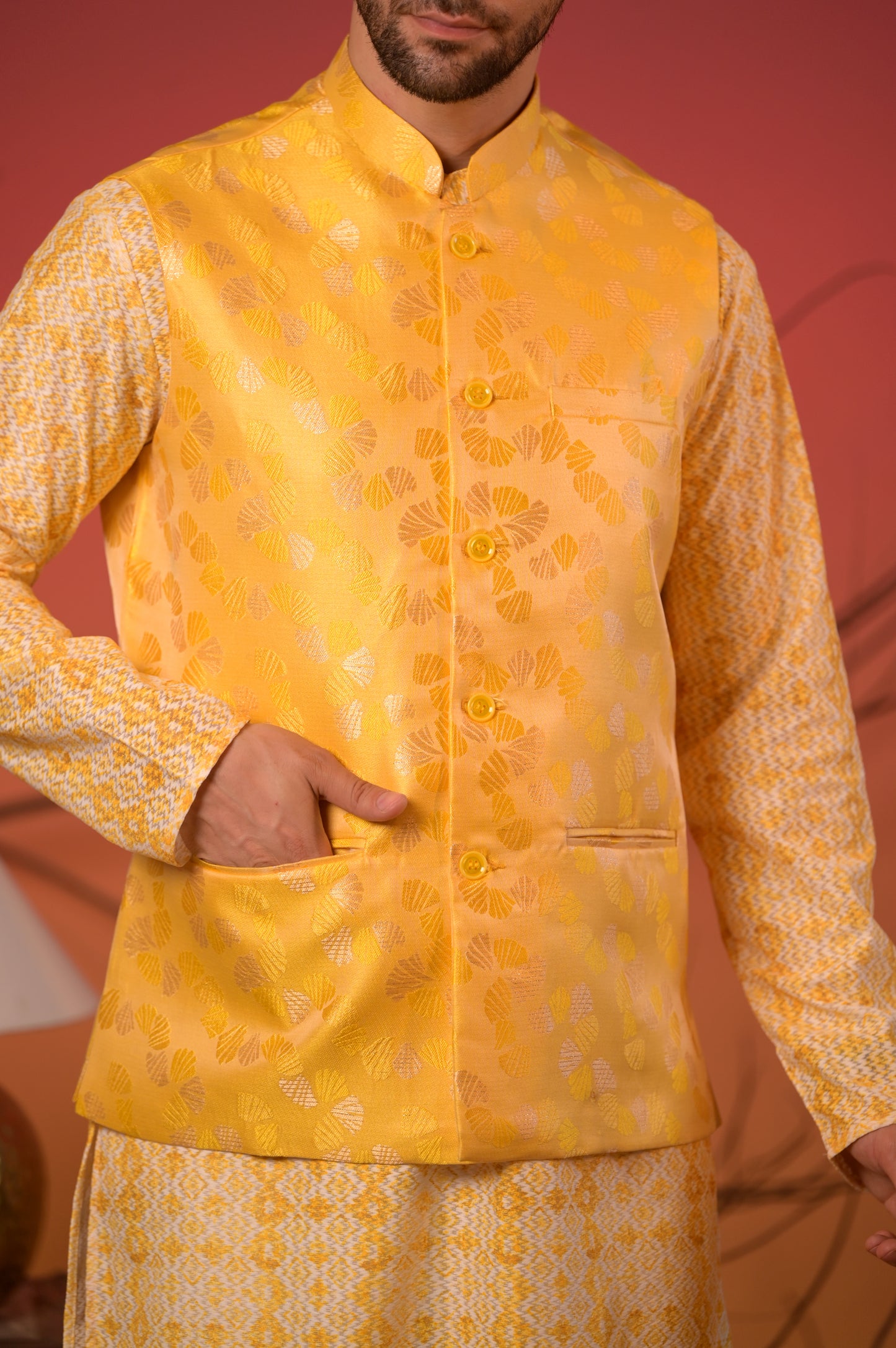 Yellow Textured Kurta with Yellow Jacquard Nehru Jacket & Trousers Set