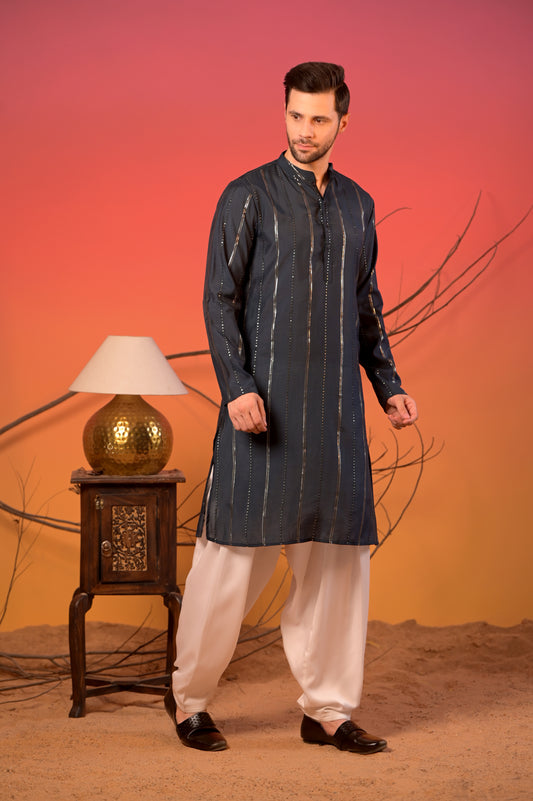 Midnight Blue Silk Kurta with Sequin Embroidery and White Salwar Set