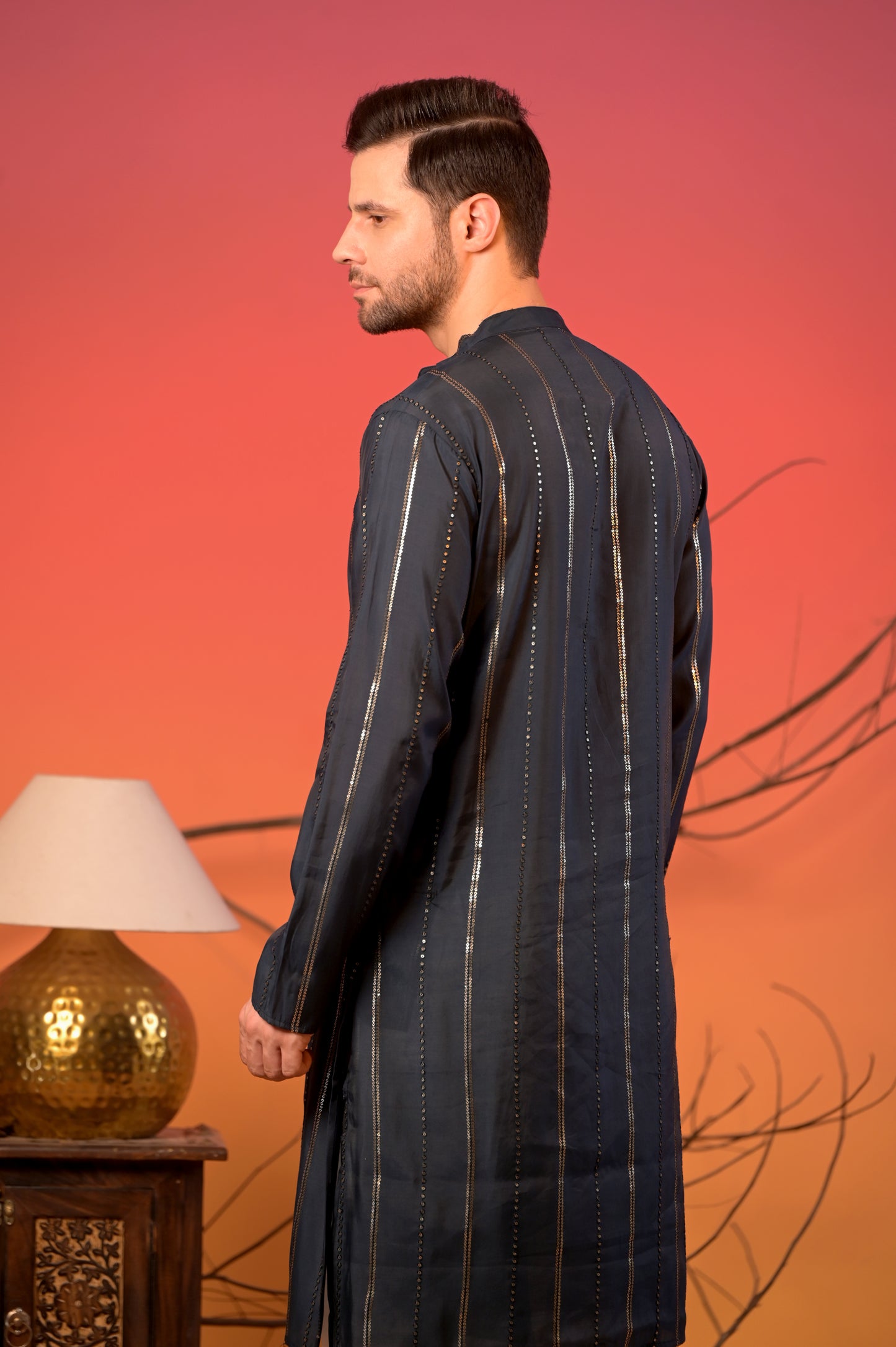 Midnight Blue Silk Kurta with Sequin Embroidery and White Salwar Set