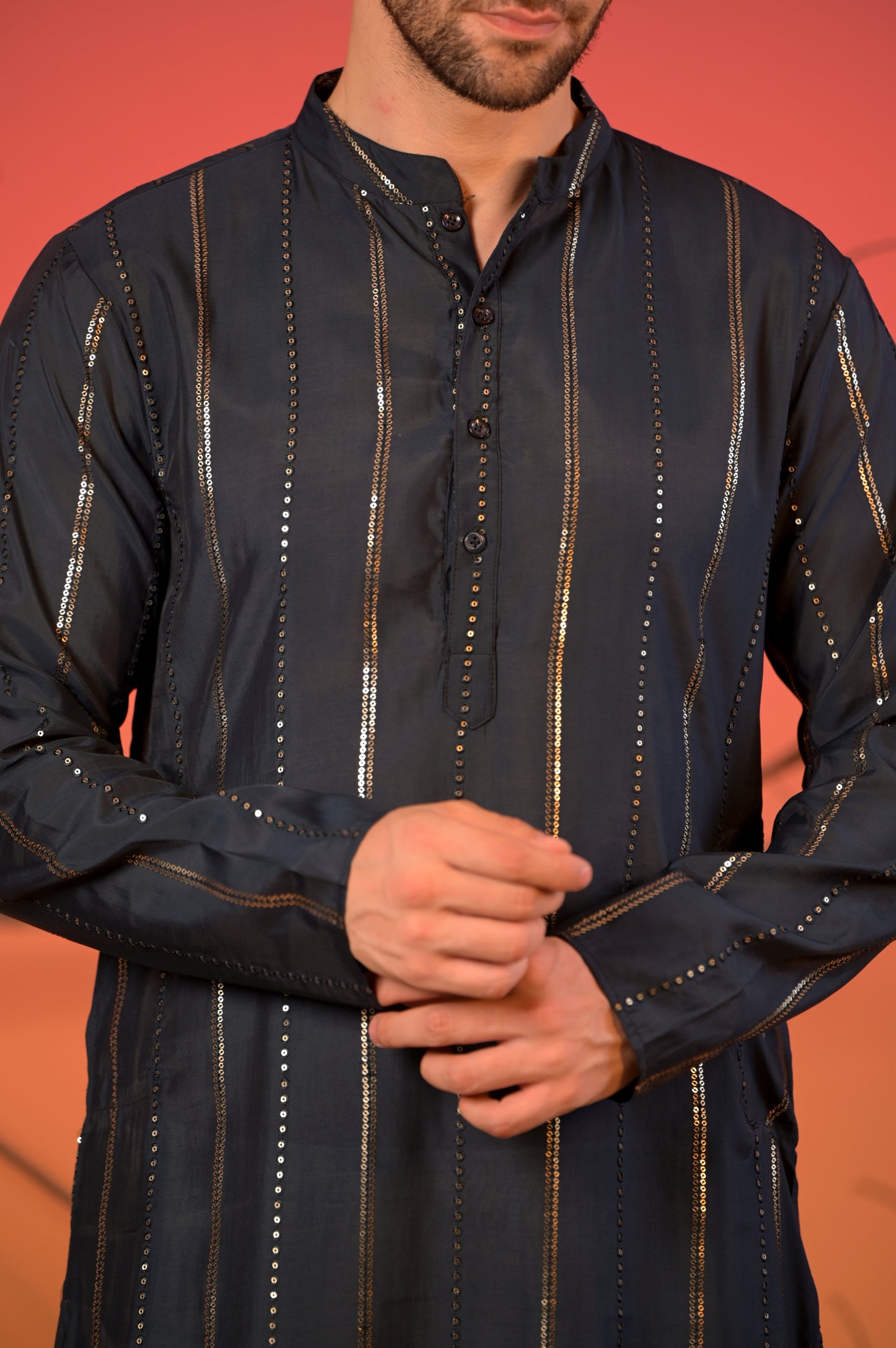 Midnight Blue Silk Kurta with Sequin Embroidery and White Salwar Set