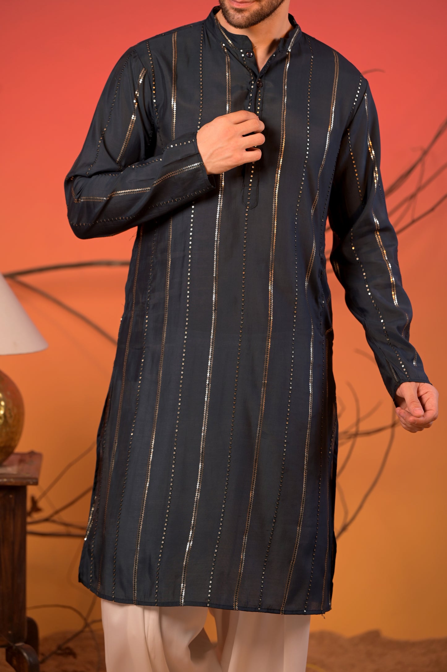 Midnight Blue Silk Kurta with Sequin Embroidery and White Salwar Set