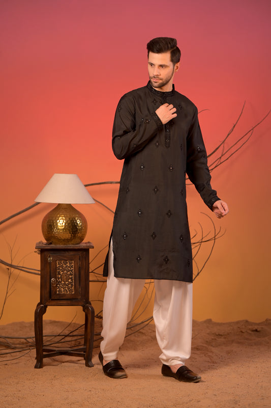 Black Embroidered Silk Kurta with Sequin Detailing & White Salwar Set