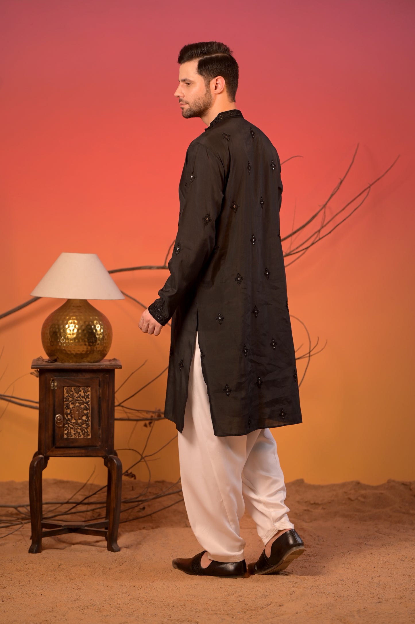 Black Embroidered Silk Kurta with Sequin Detailing & White Salwar Set