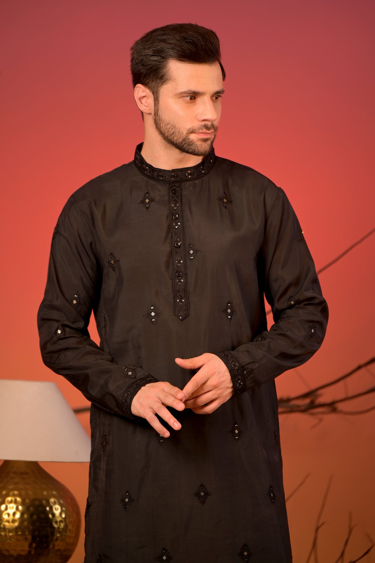 Black Embroidered Silk Kurta with Sequin Detailing & White Salwar Set